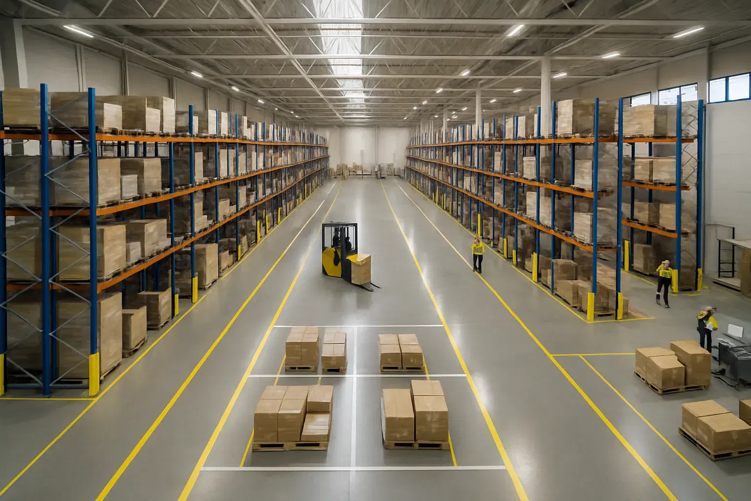 Racked warehouse aisles laid out for a bin-level stocktake
