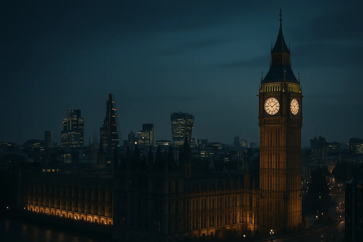 London skyline at dusk with Big Ben and the Houses of Parliament
